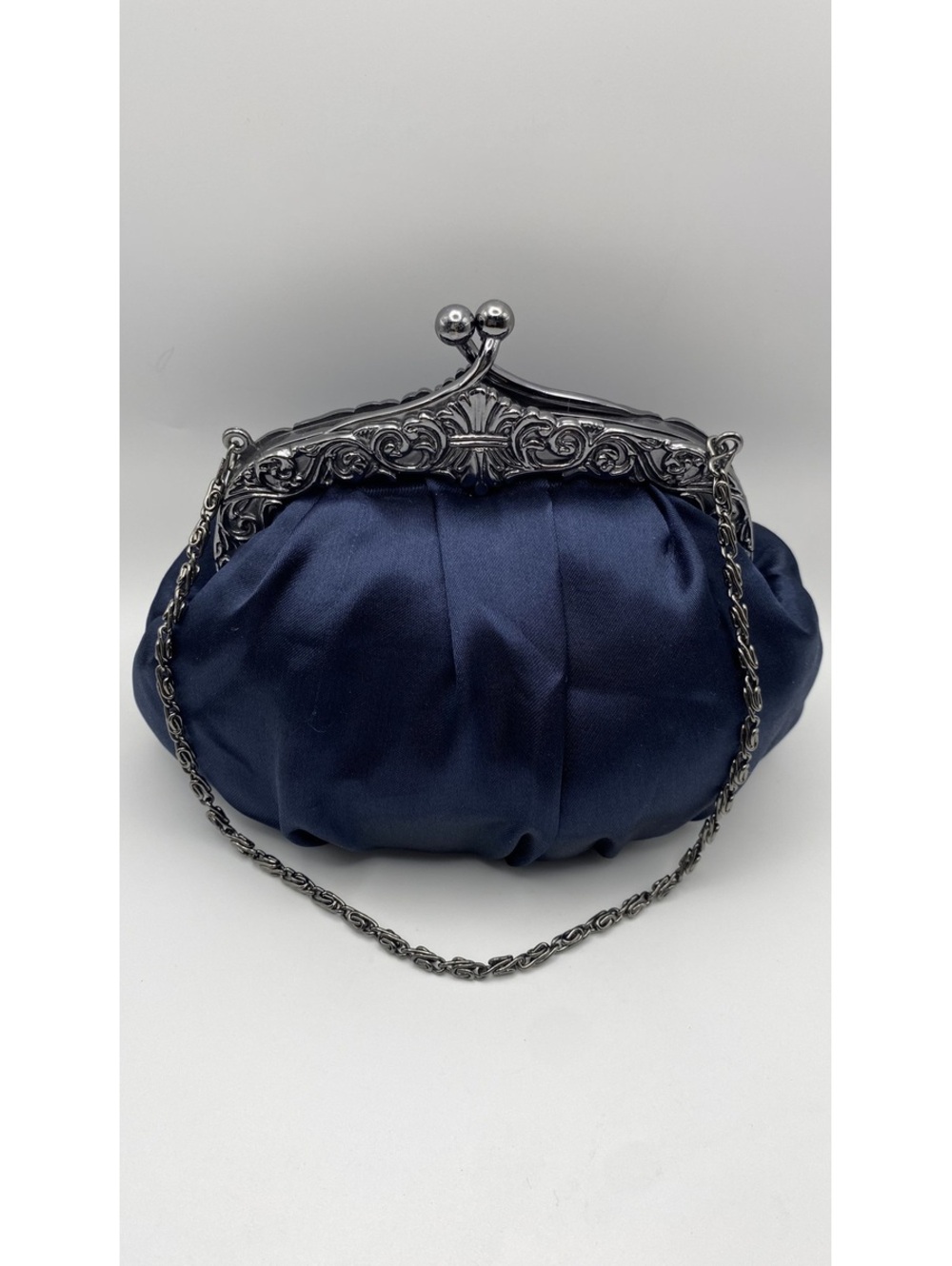 Mariell Navy Blue Satin Evening Clutch Purse with Ornate Metal Frame and Chain